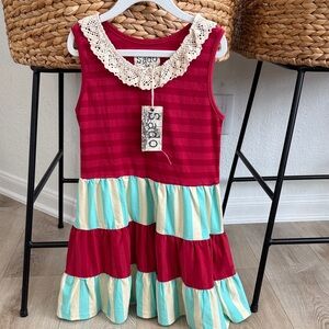Striped Red and Teal Kids Knit Dress with Crochet Collar